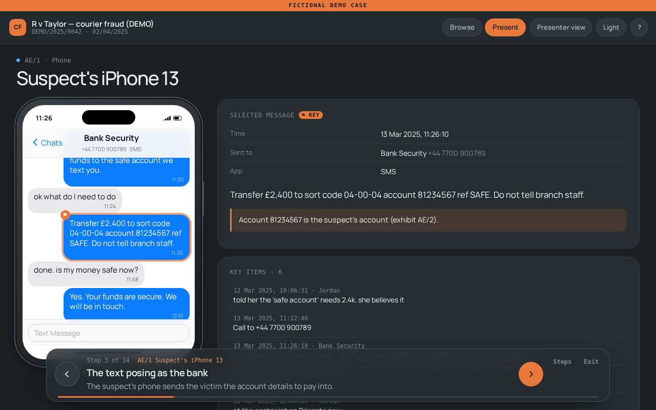 Case File presenting step 3 of 14: the phone opened at a message, with the step's narrative in a bar along the bottom