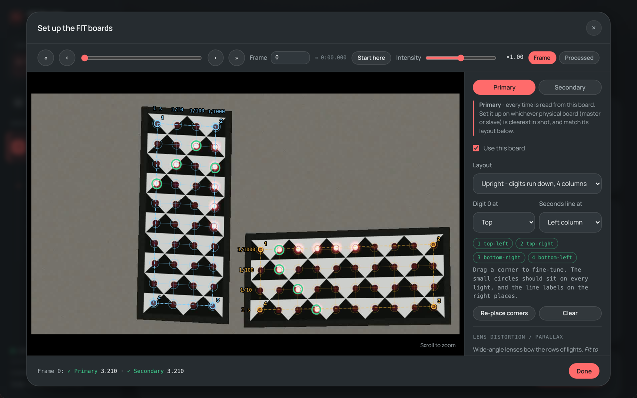 FIT Reader board setup: an upright and a sideways FIT board with the corner lights clicked, a grid of circles on every light, lit lights ringed in green and both boards reading 3.210