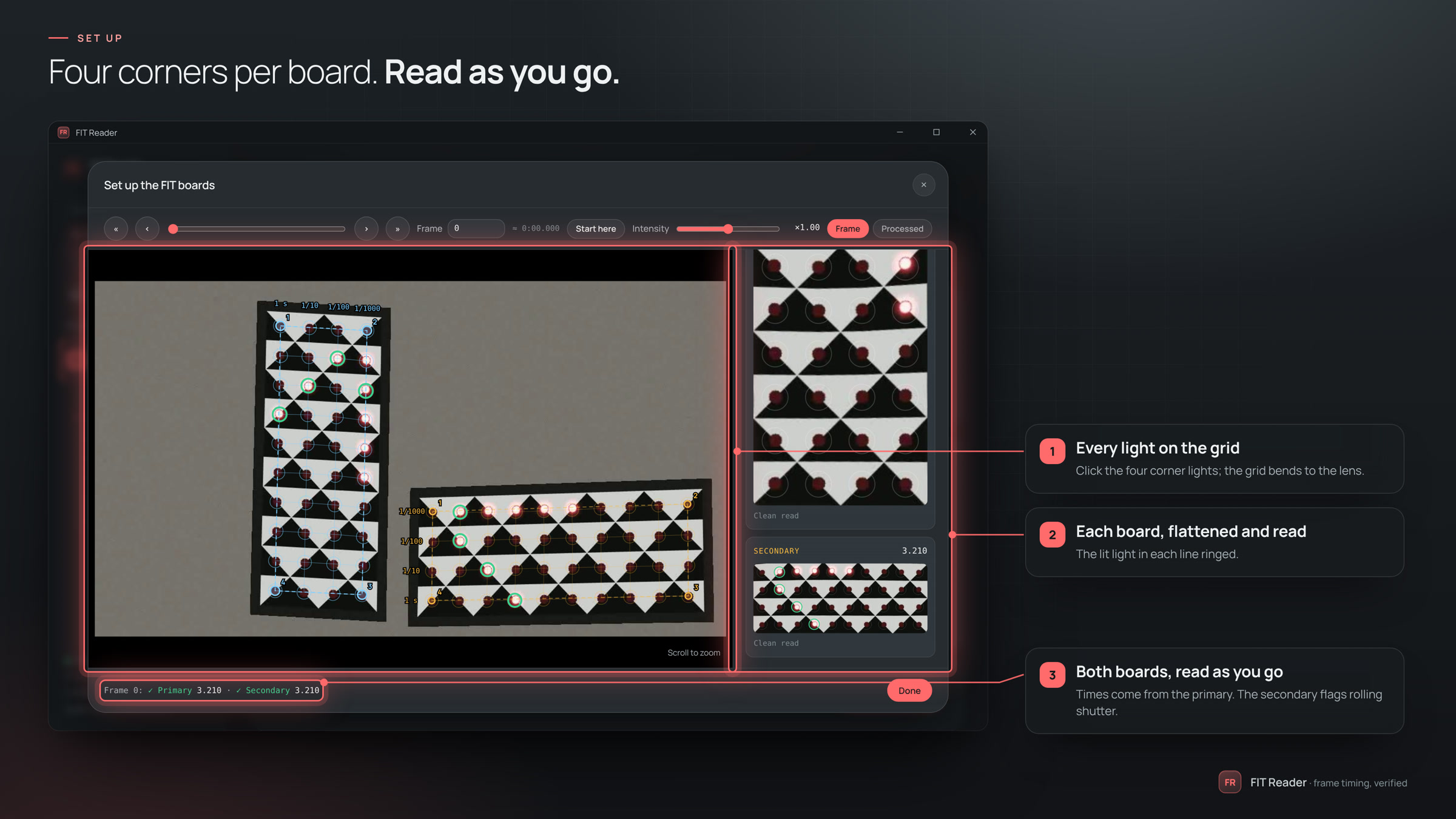 Board setup: an upright and a sideways FIT board with every light on the grid, and each board flattened and read