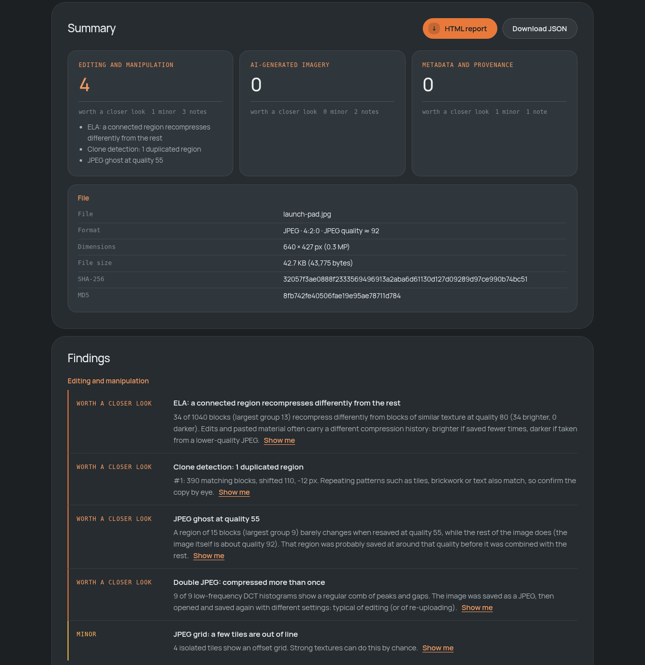 Forgery Lens summary and findings grouped into editing, AI generation and metadata, with the file's format, size and hashes