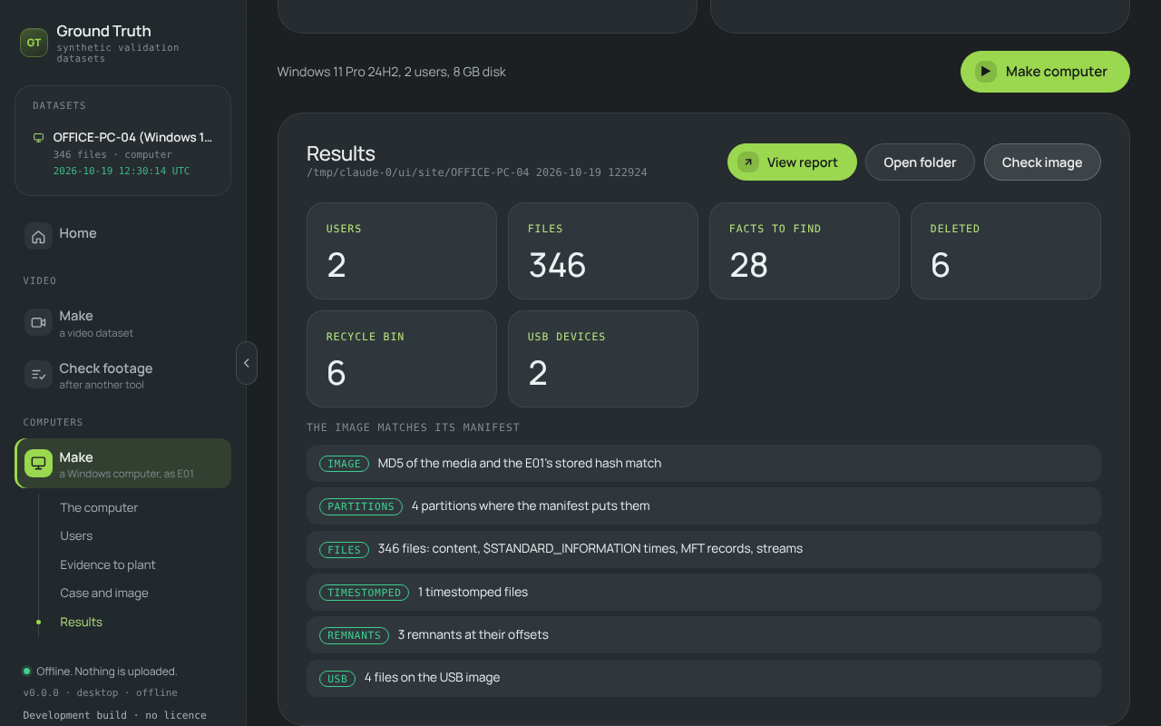 Ground Truth computer builder: Windows version, time zone, users, disk size, activity, USB devices and deleted files set for a new E01 image