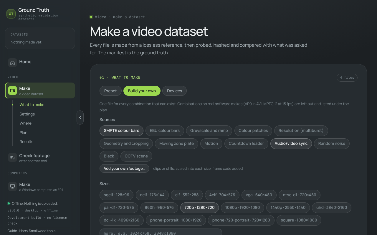 Ground Truth video dataset builder: test card and scene sources, sizes, frame rates, codecs and containers chosen, with the planned files listed