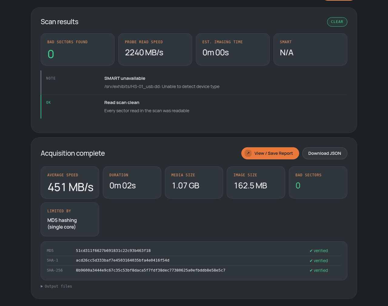 Quick Capture after imaging a test drive to E01: a clear scan with 0 bad sectors, 451 MB/s average speed, and verified MD5, SHA-1 and SHA-256 hashes